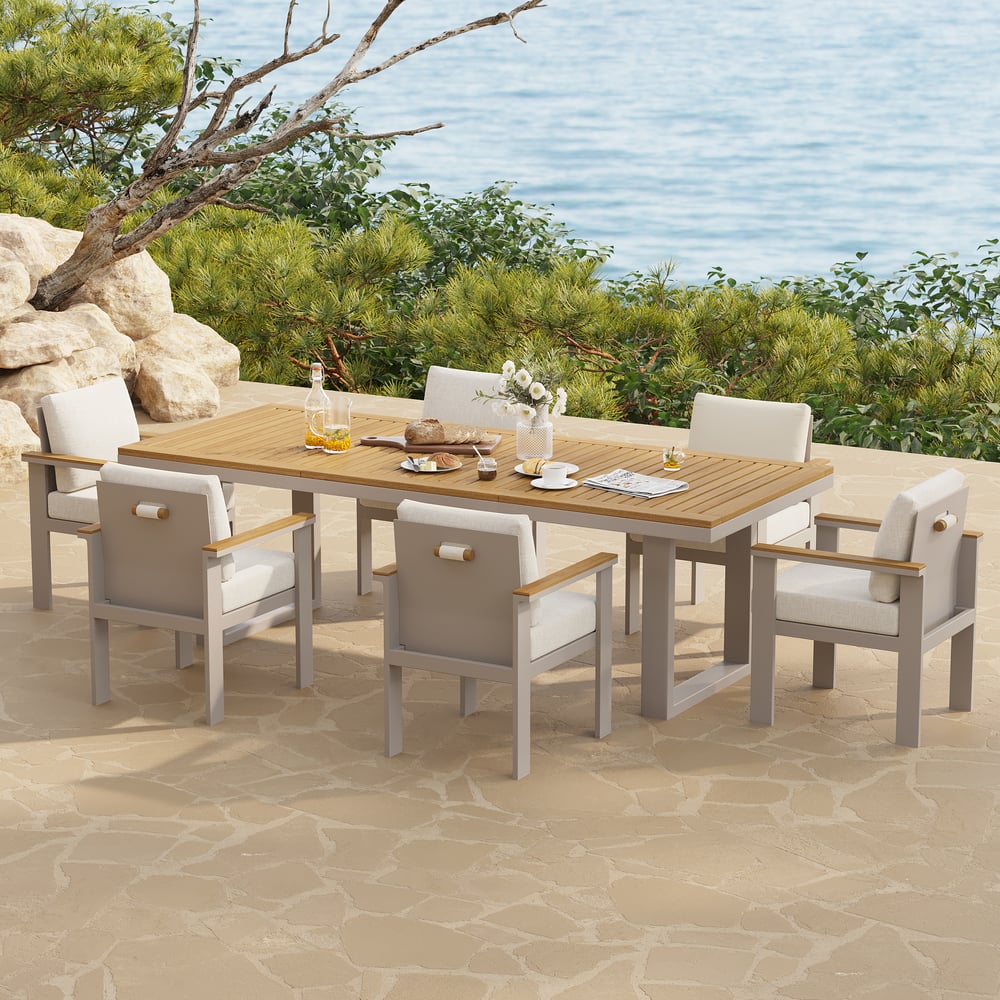 Perguntas e respostas para Conjunto de jantar retangular de teca e alumínio Axis de 7 peças para pátio externo para 6 pessoas