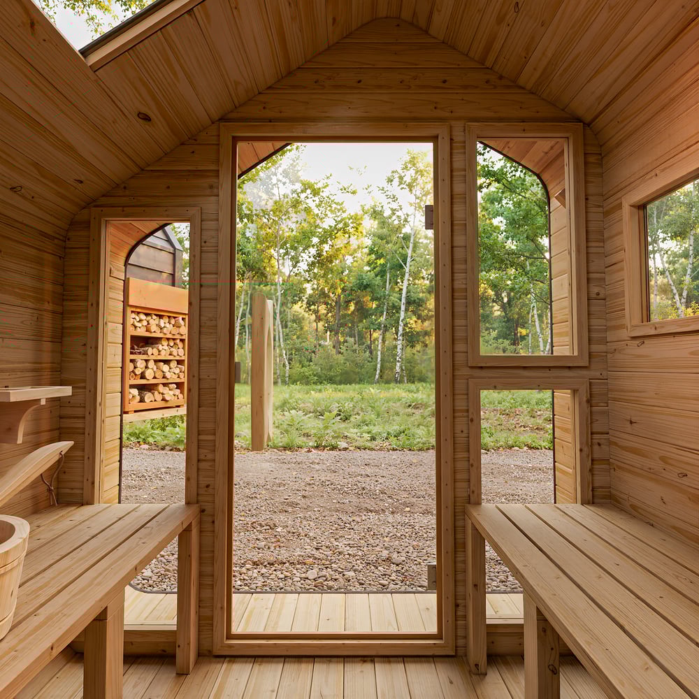 Avis Clients sur Sauna en bois rustique extérieur avec auvent de porche