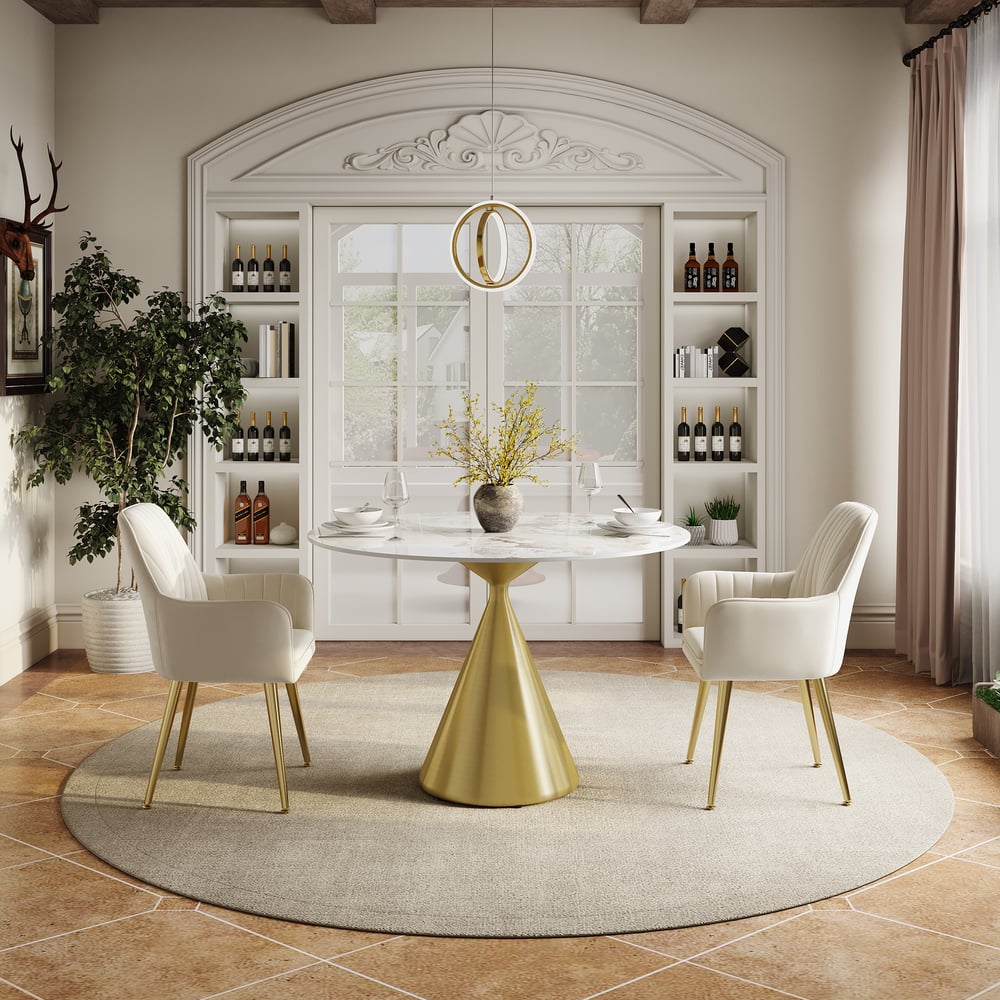 Questions et Réponses pour Ensemble de table à manger ronde en pierre frittée de 1000 mm avec base en or brossé pour 2 personnes