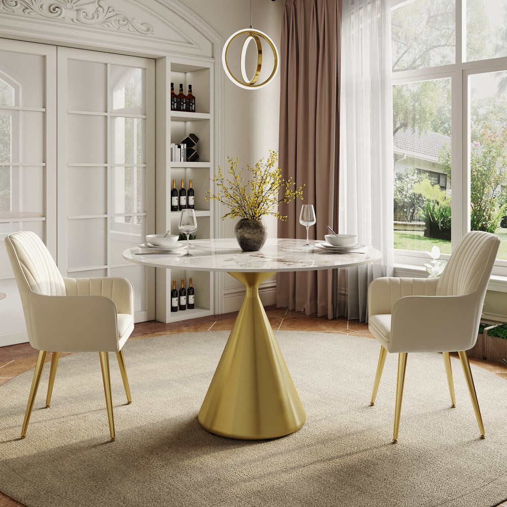 Questions et Réponses pour Ensemble de table à manger ronde en pierre frittée de 1000 mm avec base en or brossé pour 2 personnes