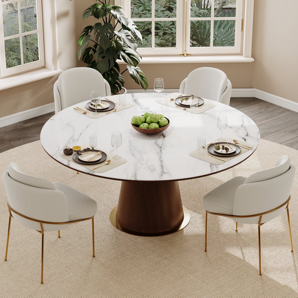 Customer Reviews for Round Dining Table Sintered Stone Top Wooden Base for 6 Mid-Century Modern