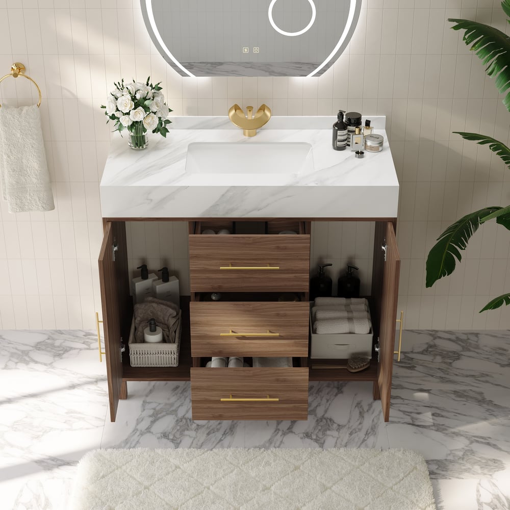 Questions and Answers for Modern 39" Walnut Sintered Stone Top Bathroom Vanity Set