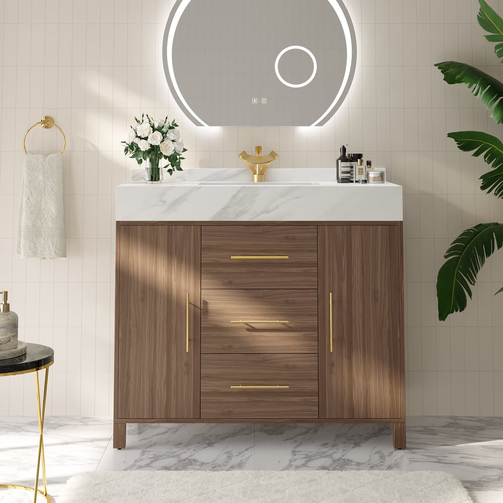 Questions and Answers for Modern 39" Walnut Sintered Stone Top Bathroom Vanity Set