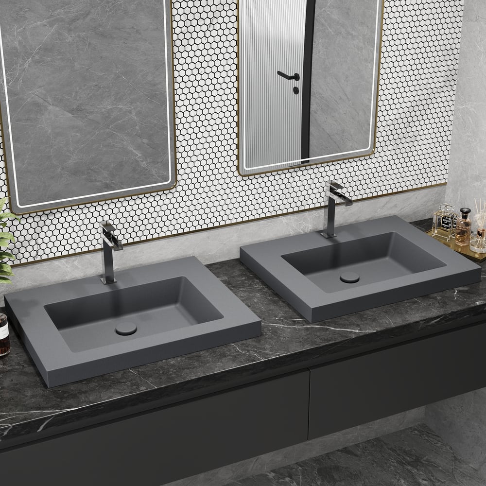 Avis Clients sur Lavabo de salle de bain encastré rectangulaire en béton gris de 600 mm