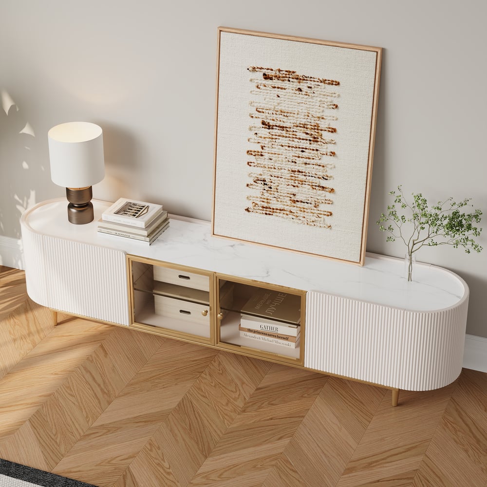 Questions et Réponses pour Palley Meuble TV Console TV Ovale Moderne avec Portes Blanc