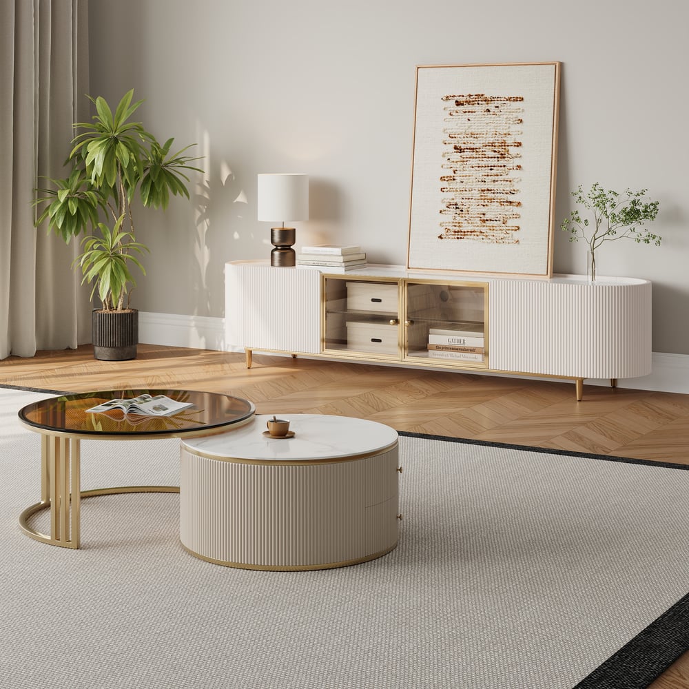 Questions et Réponses pour Palley Meuble TV Console TV Ovale Moderne avec Portes Blanc