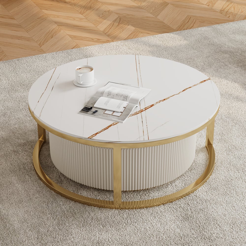 Perguntas e respostas para Conjunto de nidificação redondo de 2 peças Mesa de café bege com tampo de pedra sinterizada e gaveta