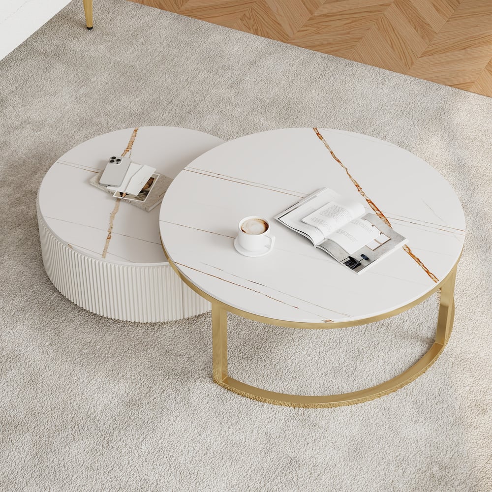 Perguntas e respostas para Conjunto de nidificação redondo de 2 peças Mesa de café bege com tampo de pedra sinterizada e gaveta