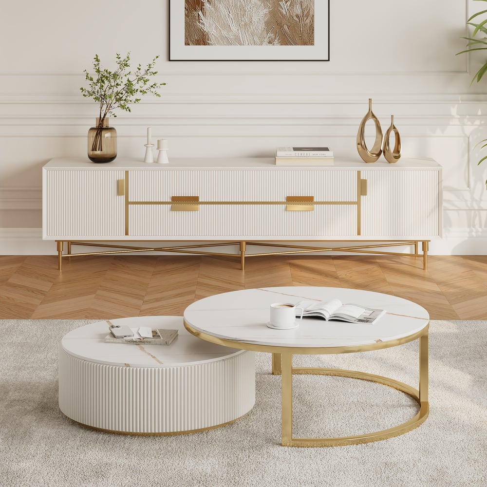 Perguntas e respostas para Conjunto de nidificação redondo de 2 peças Mesa de café bege com tampo de pedra sinterizada e gaveta