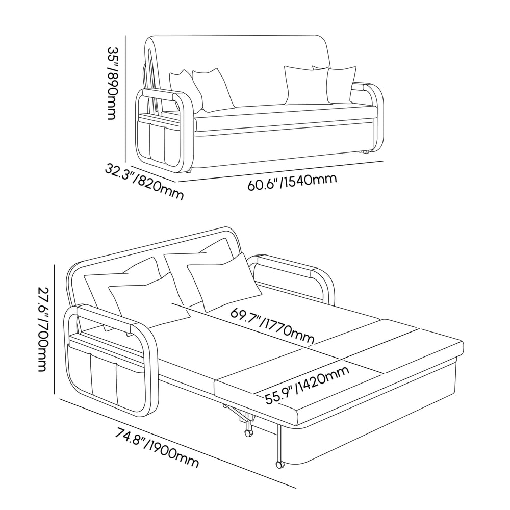 62" Queen 2-Seater Linen Convertible Sleeper Sofa weights dimensions image