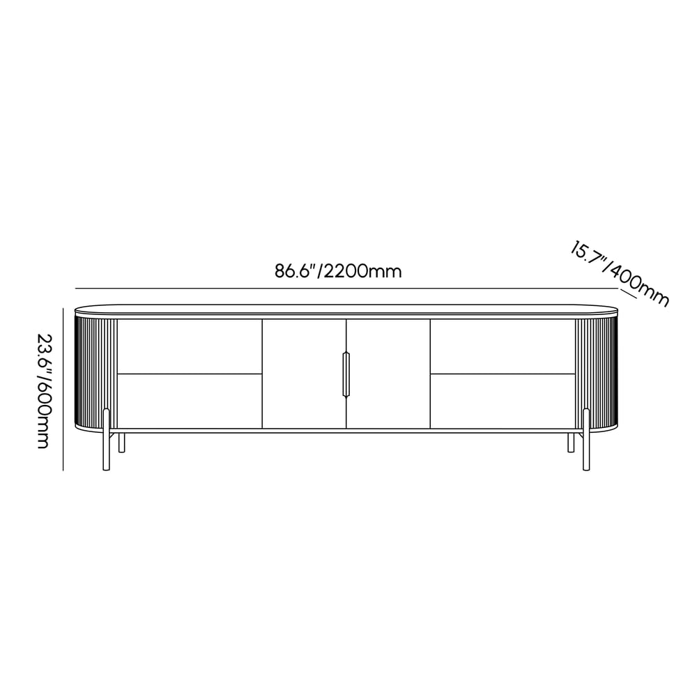 86.6" Modern Elegant Oval TV Console with Drawers & Doors in White weights dimensions image