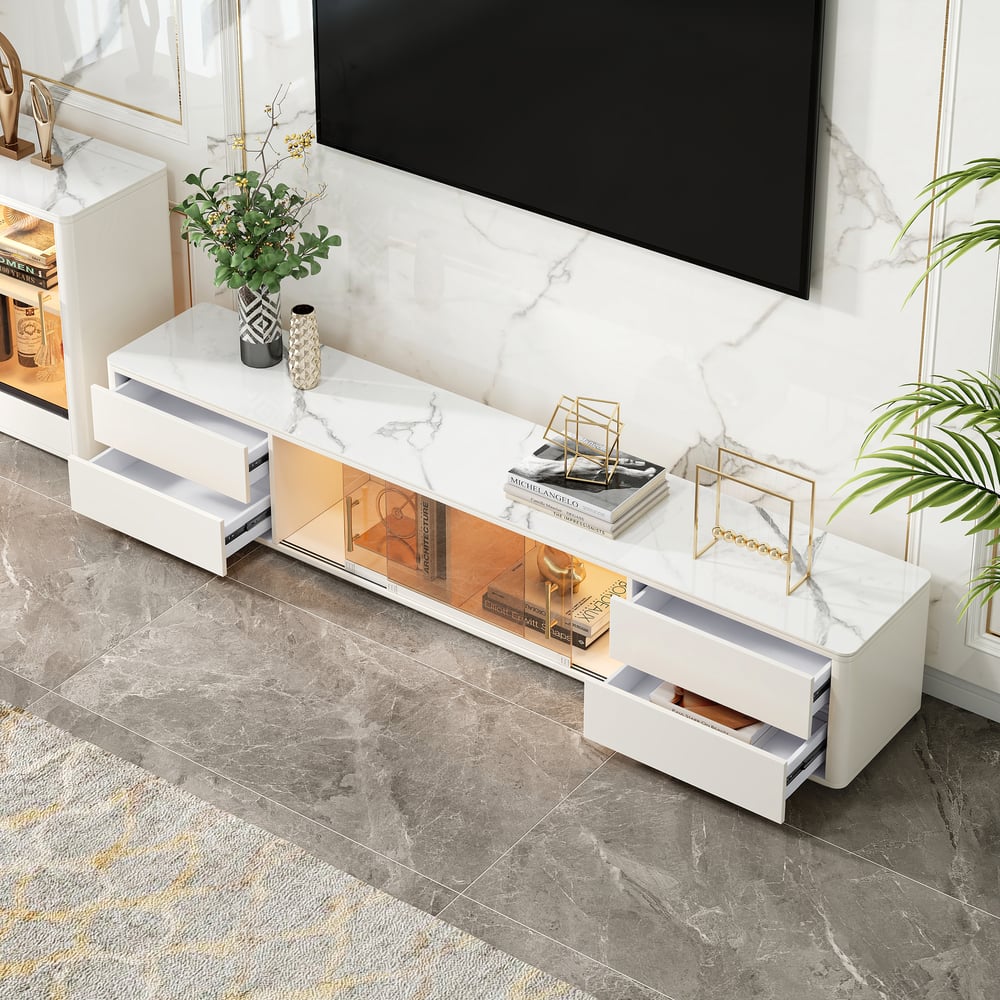 Questions and Answers for 85" White Wood Rectangle TV Stand Sintered Stone Top 4-Drawer Glass Doors Cabinet