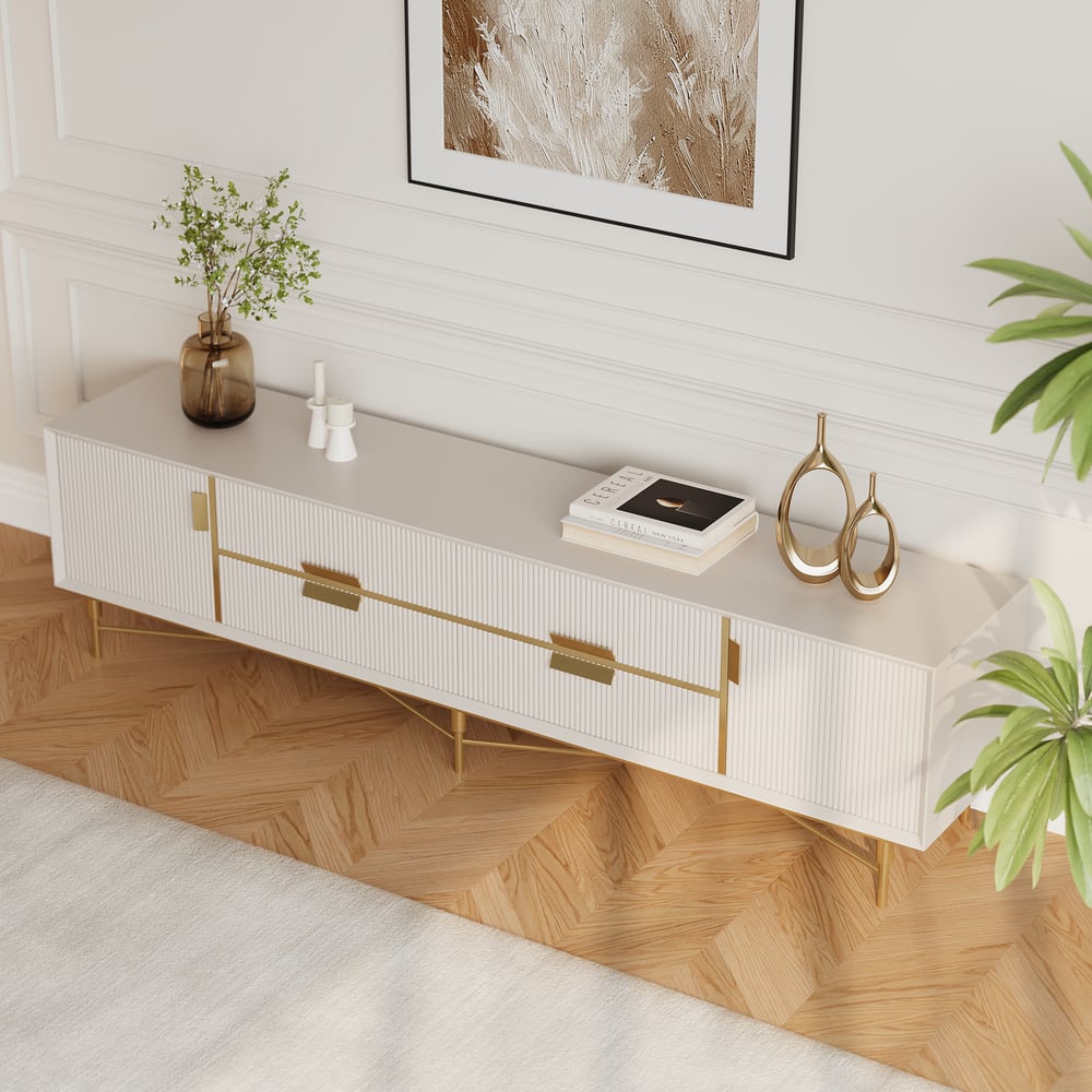 Questions and Answers for Modern Off White TV Stand for 85" TVs with 4 Drawers & Doors MDF