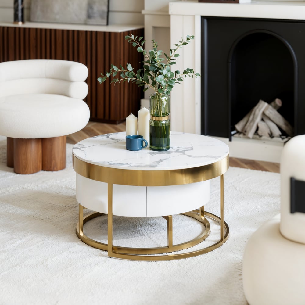 Questions and Answers for Nesnesis Modern Round Sintered Stone Nesting Wood Coffee Table with Drawers in White