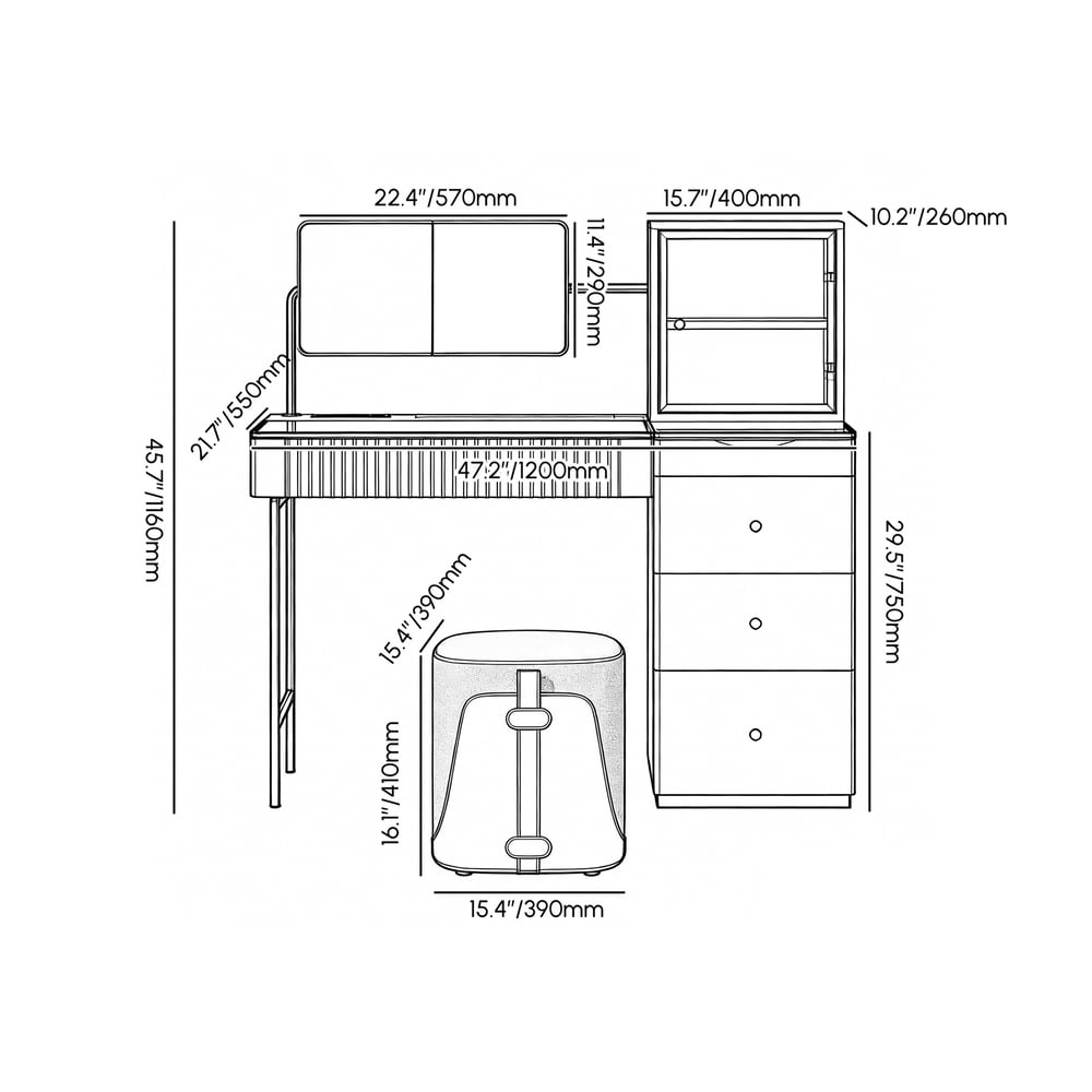 Chanor Makeup Vanity Set Mirrored Dressing Table with Jewelry Storage & Cabinet & Stool weights dimensions image