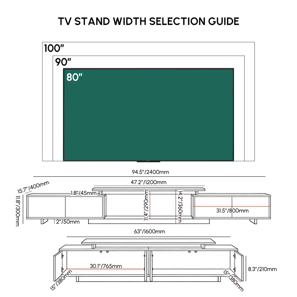 Mordelle Extendable TV Stand with Gold Base & Storage(63"-95") weights dimensions image