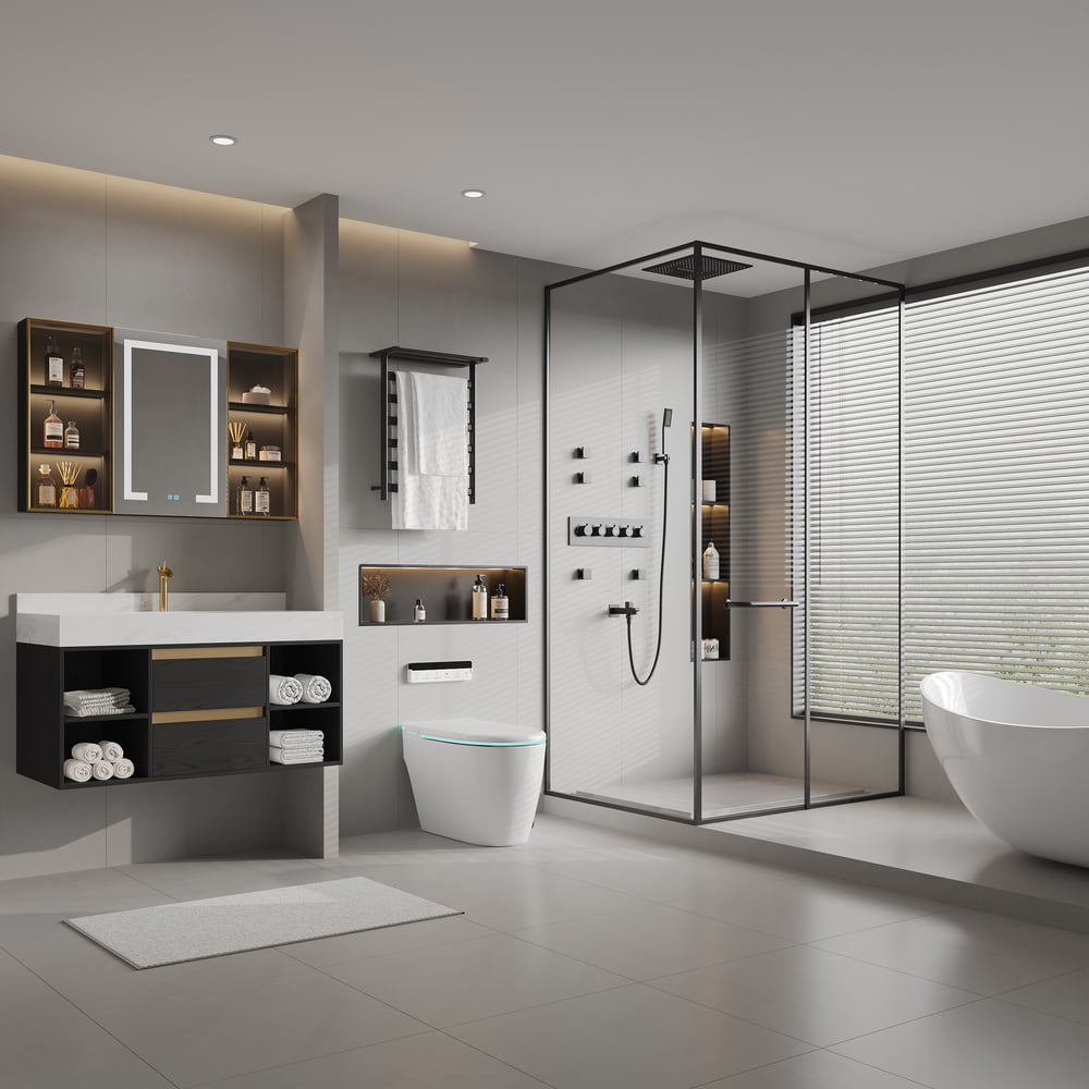 Questions and Answers for 1000mm Black Wall-mount LED Lighted Bathroom Medicine Cabinet Vanity Mirror with Storage