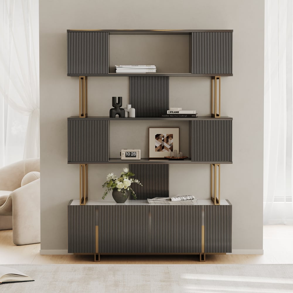 Customer Reviews for Glossy Black Sliding Door Etagere Bookshelf 5-Shelf Tall Book Shelf Rich Storage-170cm