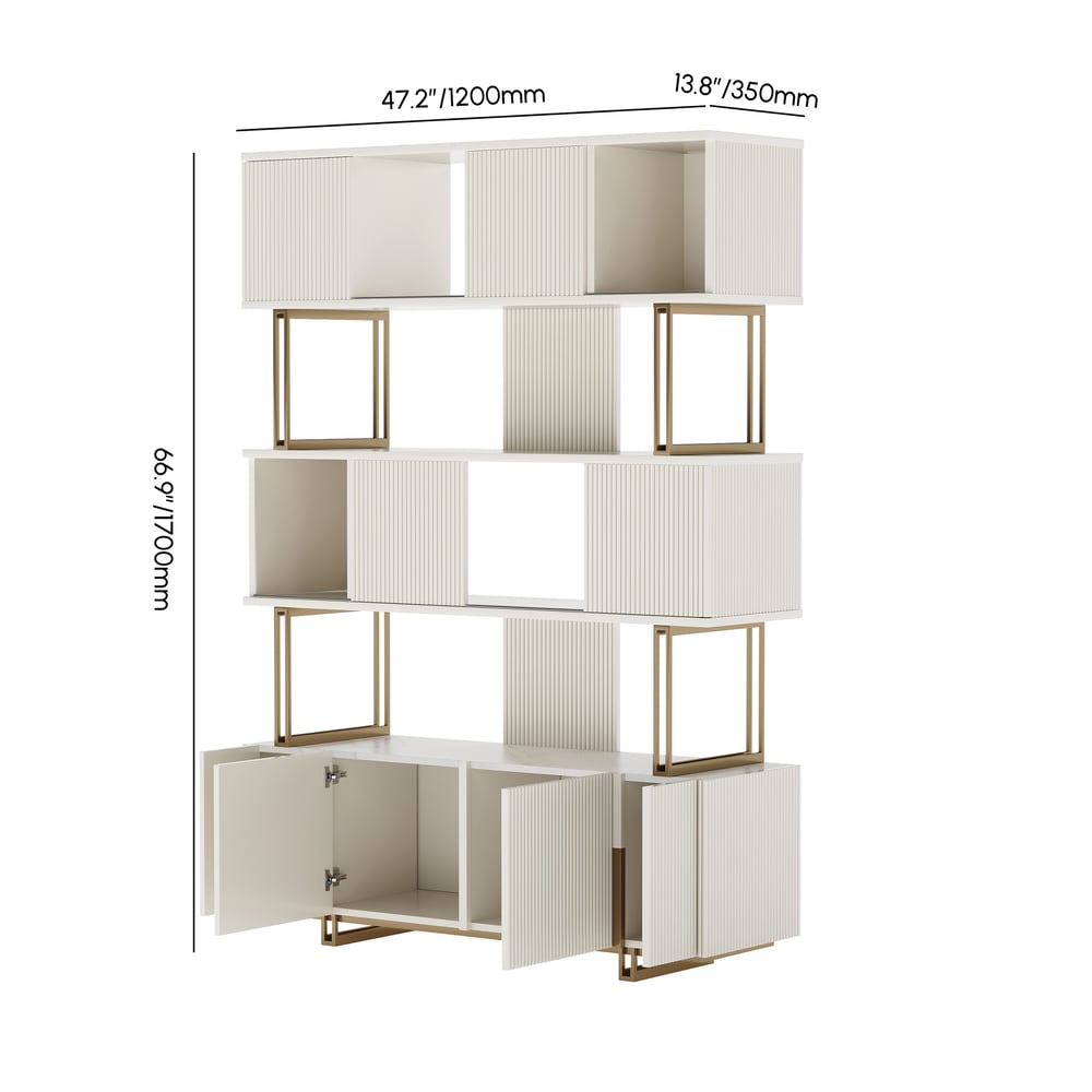 66.9" Off-white Sliding Door Etagere Bookshelf 5-Shelf Tall Book Shelf Rich Storage weights dimensions image