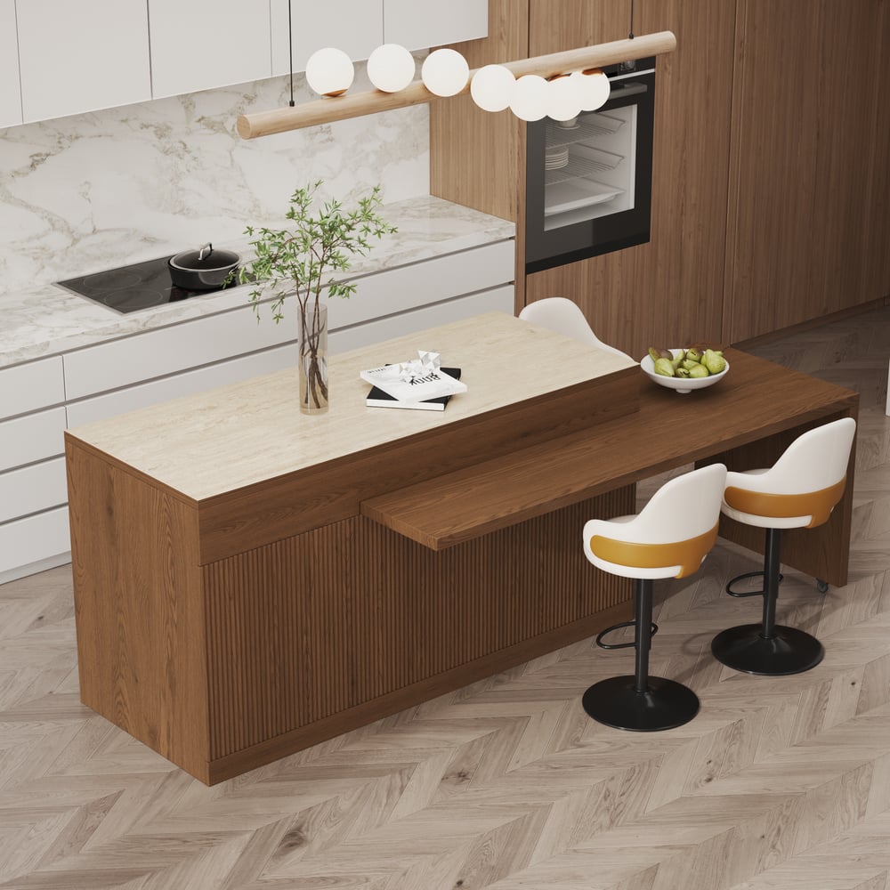 Questions and Answers for 81''-106" Extendable Kitchen Island with Doors & Drawers Walnut Sintered Stone Top