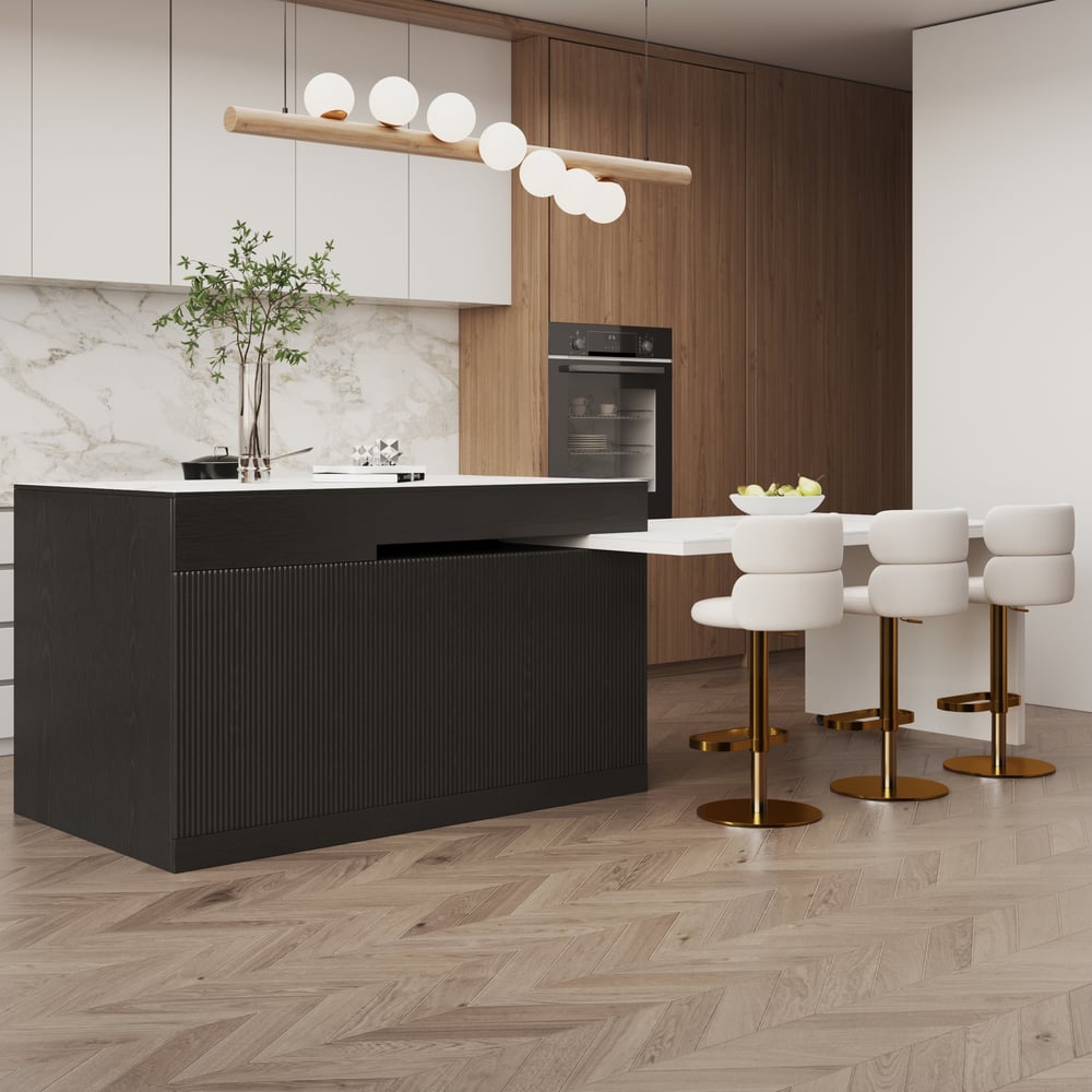 Avis Clients sur Îlot de cuisine moderne extensible en pierre frittée noire de 81"-106" avec portes et tiroirs