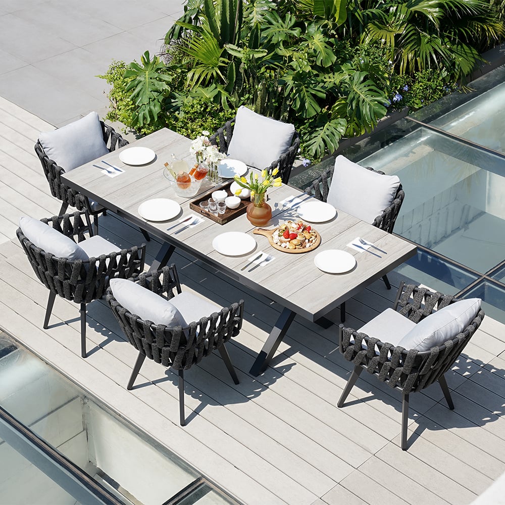 Questions and Answers for Outdoor Ceramic & Aluminum Extendable Rectangular Dining Table, Seats 6-8 (64.2"-84.3")