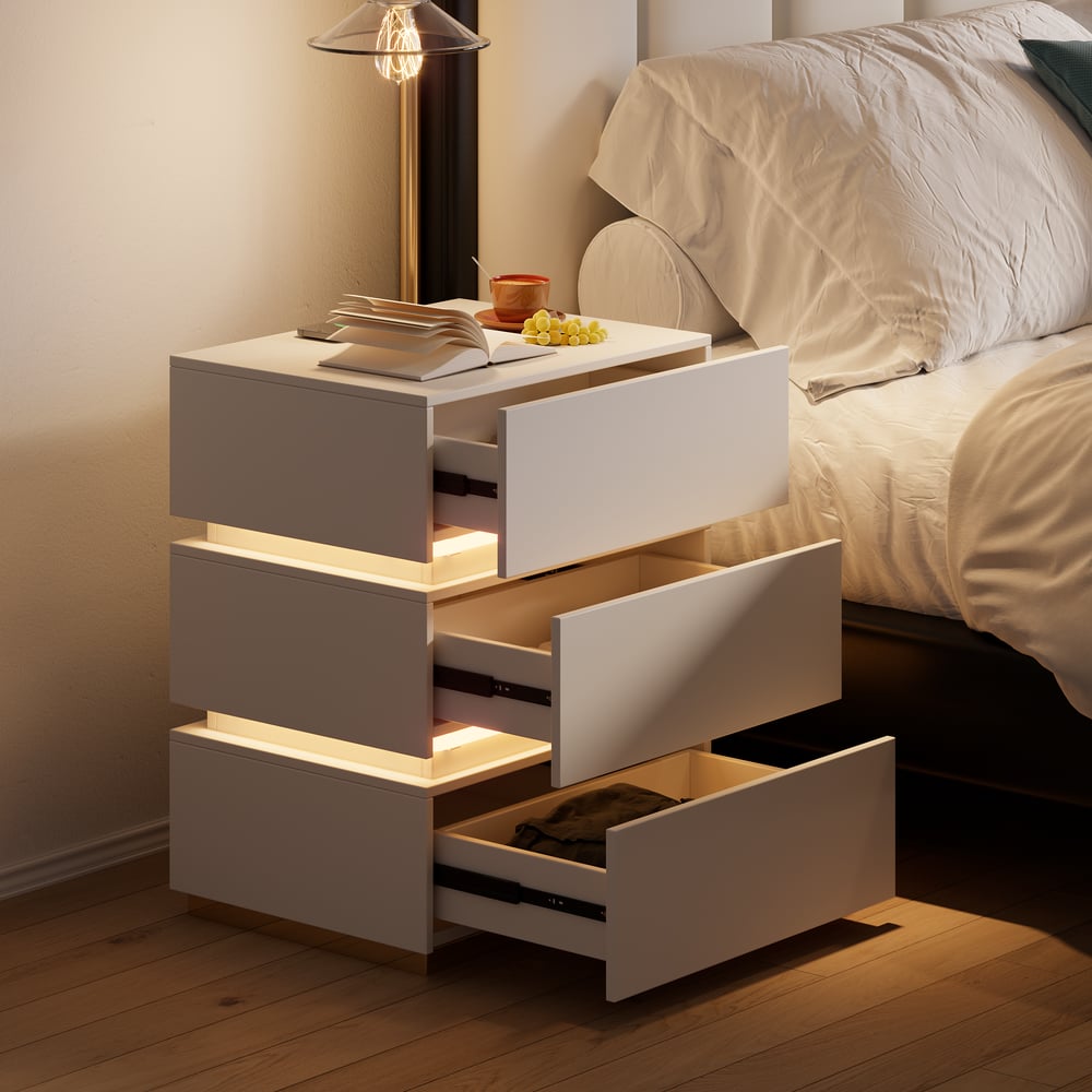 Questions and Answers for 500 mm white bedside table with 3 drawers, light and charging station