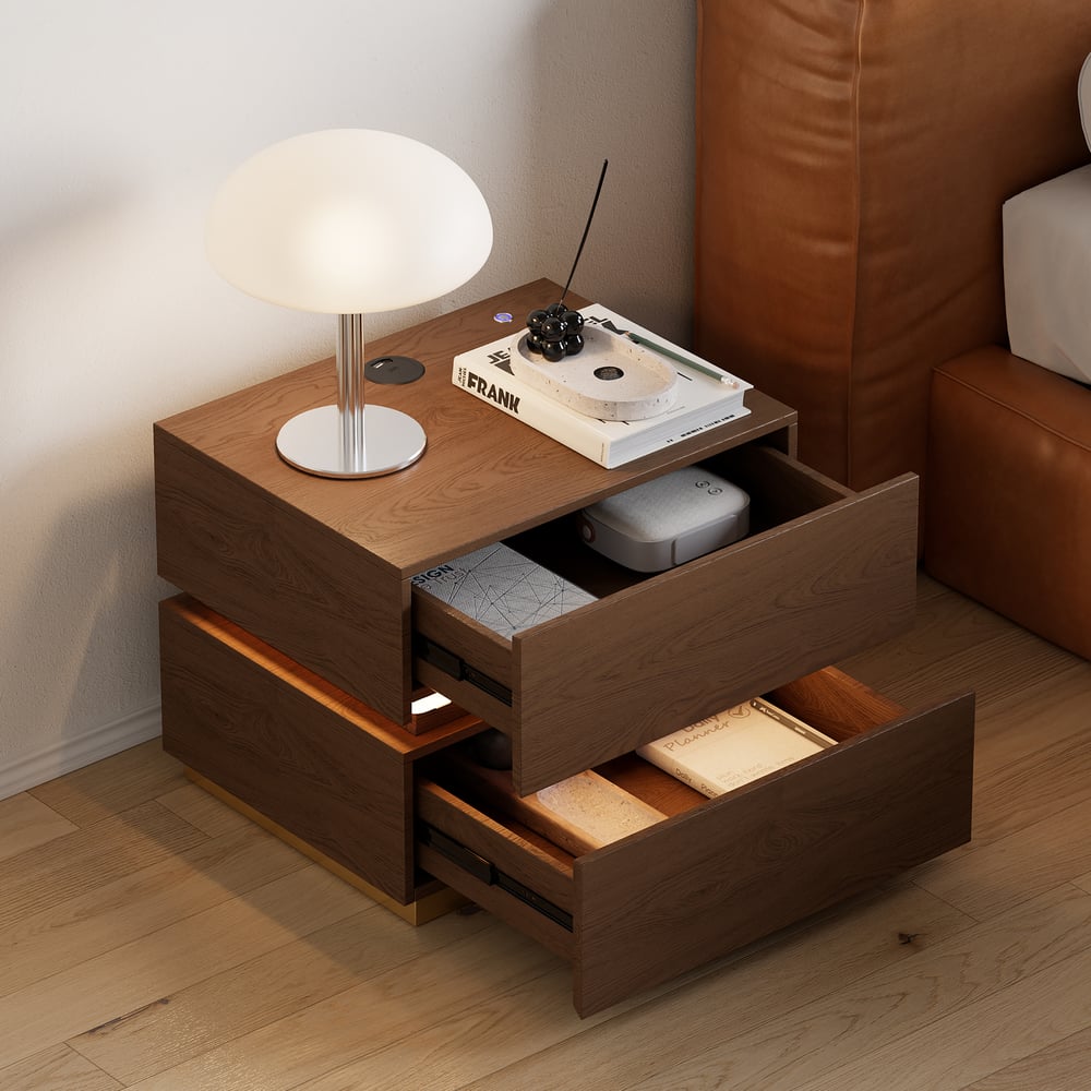 Perguntas e respostas para Mesa de cabeceira LED inteligente Walnut com estação de carregamento sem fio e luz