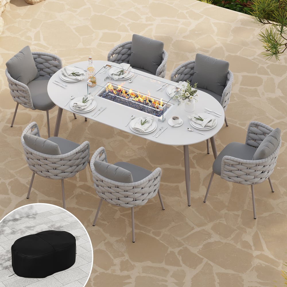 Questions and Answers for 7 Pieces Outdoor Dining Set with Oval Propane Fire Pit Table & Rope Woven Armchair