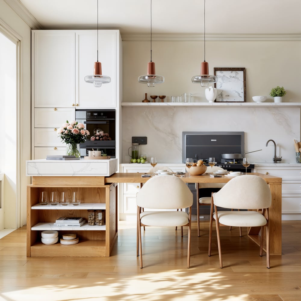 Avis Clients sur Îlot central cuisine extensible blanc et bois avec rangement et placard, 185 cm à 235 cm