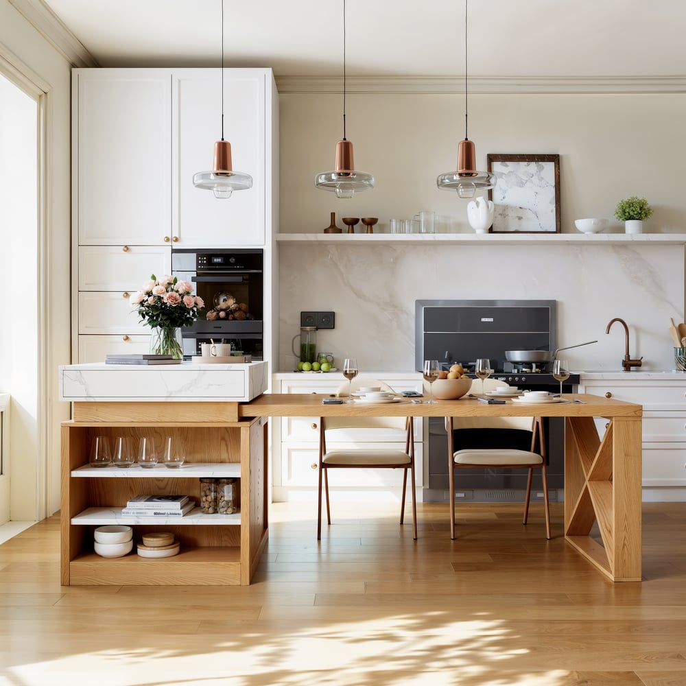 Avis Clients sur Îlot central cuisine extensible blanc et bois avec rangement et placard, 185 cm à 235 cm