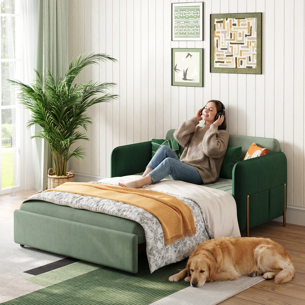 Questions and Answers for 54" Twin 1-Seater Green Velvet Convertible Sleeper Sofa with Storage & Pillows