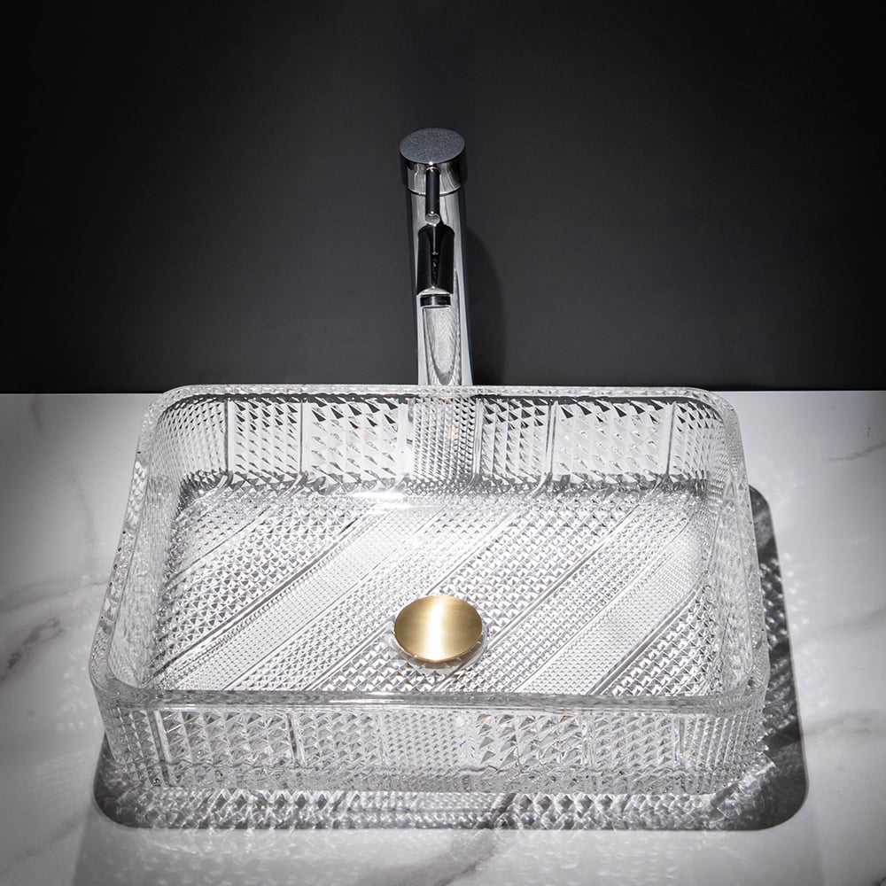 Questions and Answers for Modern Glass Rectangle Transparent Bathroom Countertop Basin Clear Wash Basin with Drain