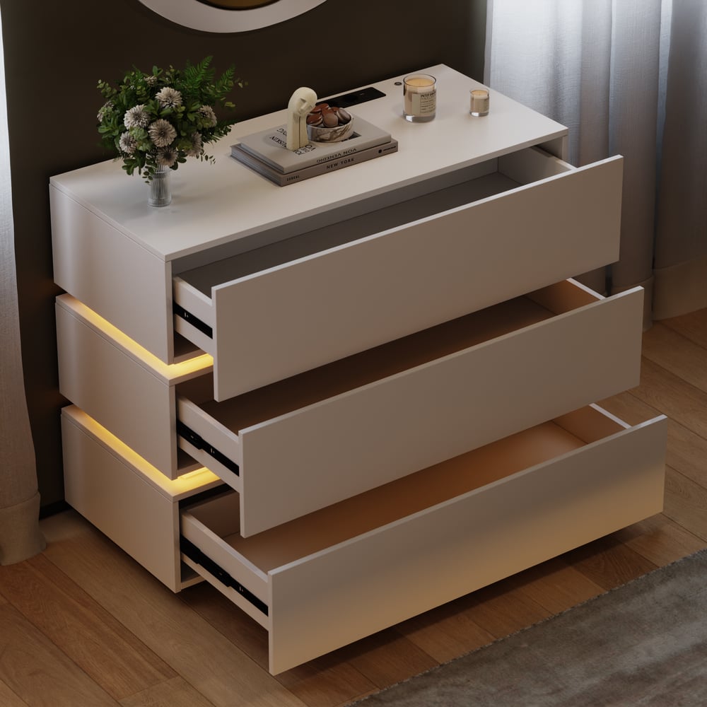 Hodnocení zákazníků pro položku Komoda Lumio 100 cm s LED světlem, 3 zásuvkami a bílou nabíjecí stanicí
