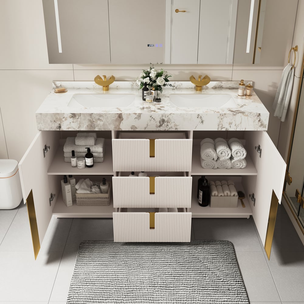 Perguntas e respostas para Armário de banheiro duplo flutuante Artis de 60 polegadas com pia, tampo de pedra sinterizada, amplo armazenamento