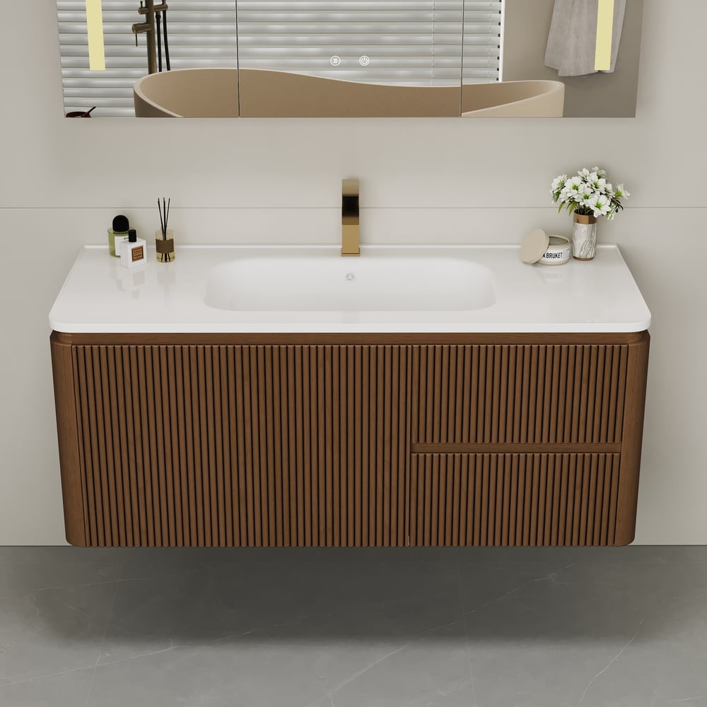 Questions et Réponses pour Meuble-lavabo mural cannelé moderne de 119 cm avec lavabo, éclairage LED doux et grand espace de rangement