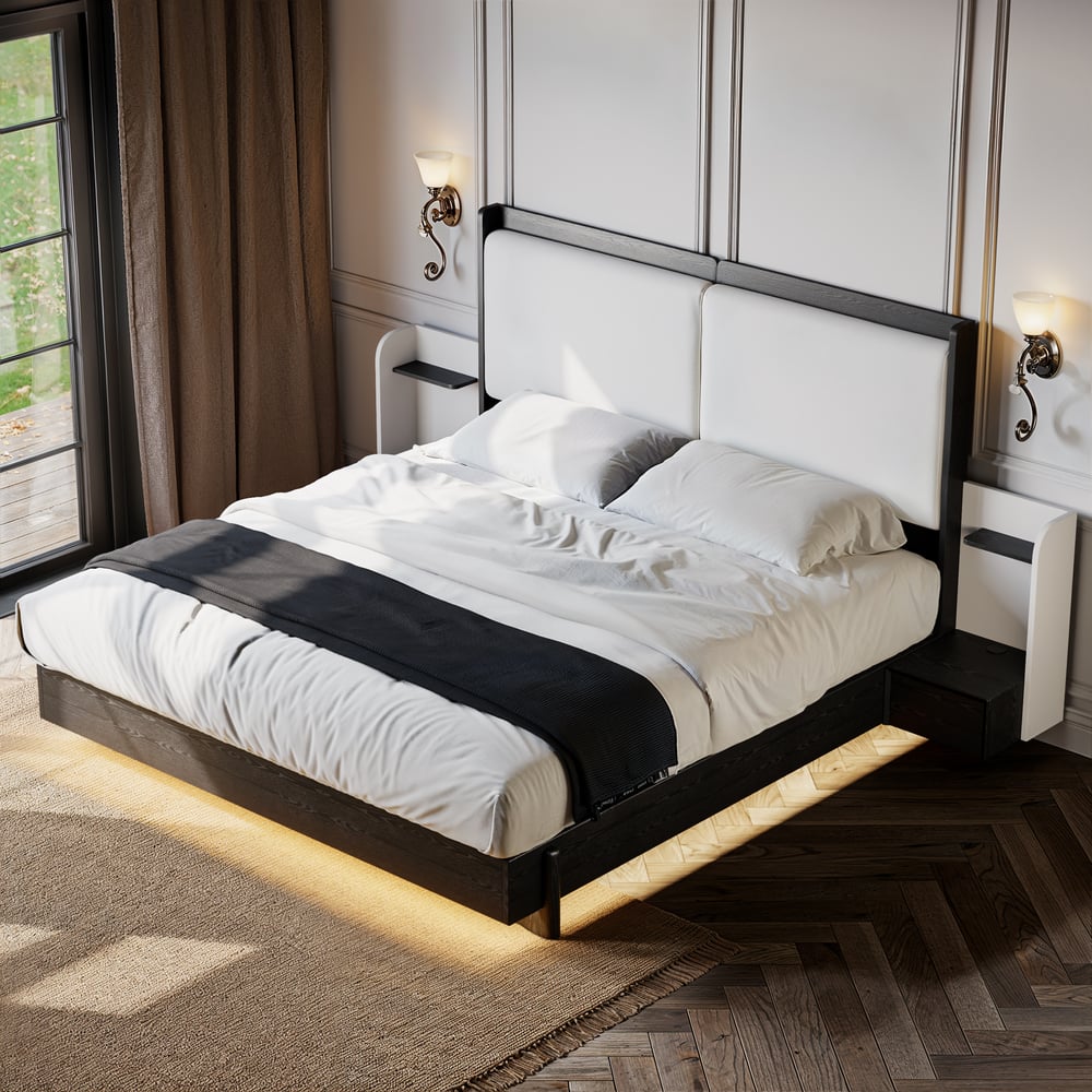 Avis Clients sur Lit King Size en bois massif avec tête de lit prolongée en cuir et ensemble de tables de chevet intelligentes flottantes