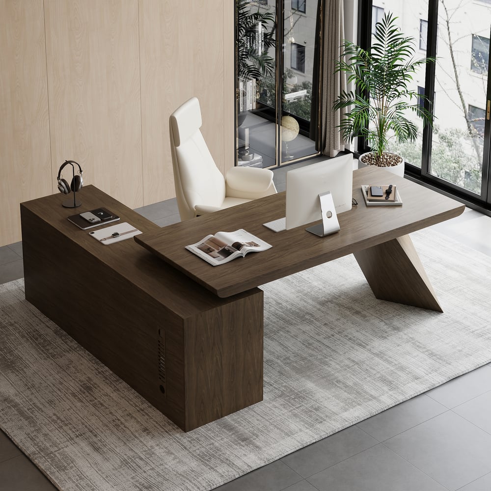 Questions and Answers for Modern 71" L-Shaped Smoked Brown Executive Desk with Right-Side Cabinet