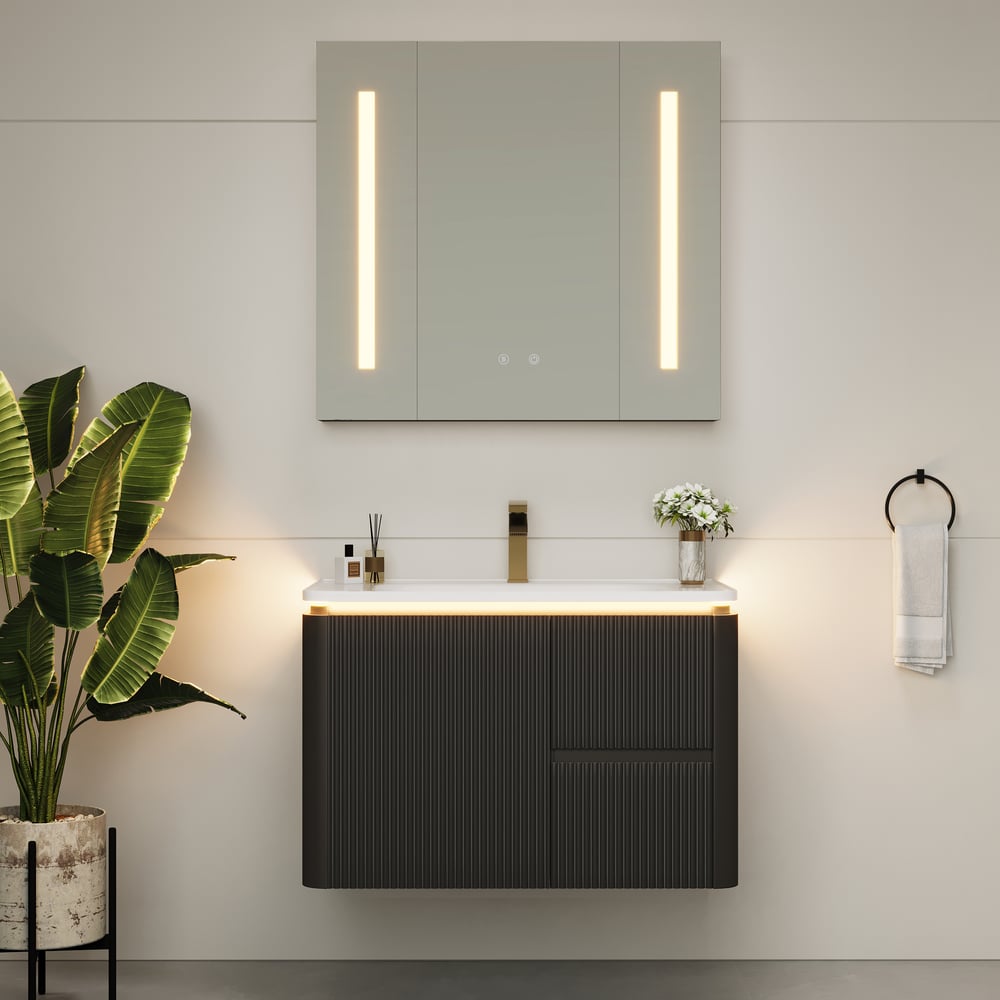 Fragen und Antworten zu Moderner 80 cm schwebender Badezimmerschrank mit Waschbecken, sanftem LED-Licht, viel Stauraum