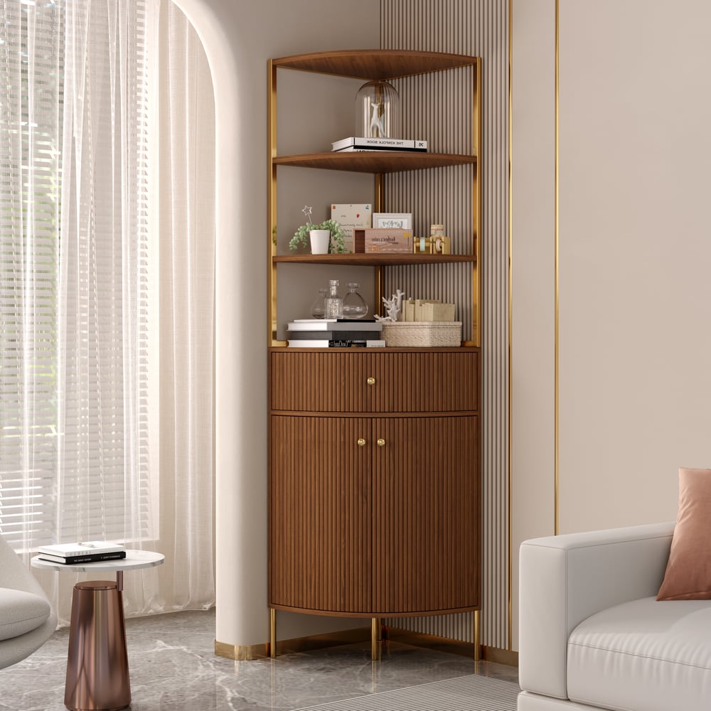 Questions and Answers for Modern 75" Walnut Etagere Corner Bookshelf with Drawer and 2-Door Cabinet