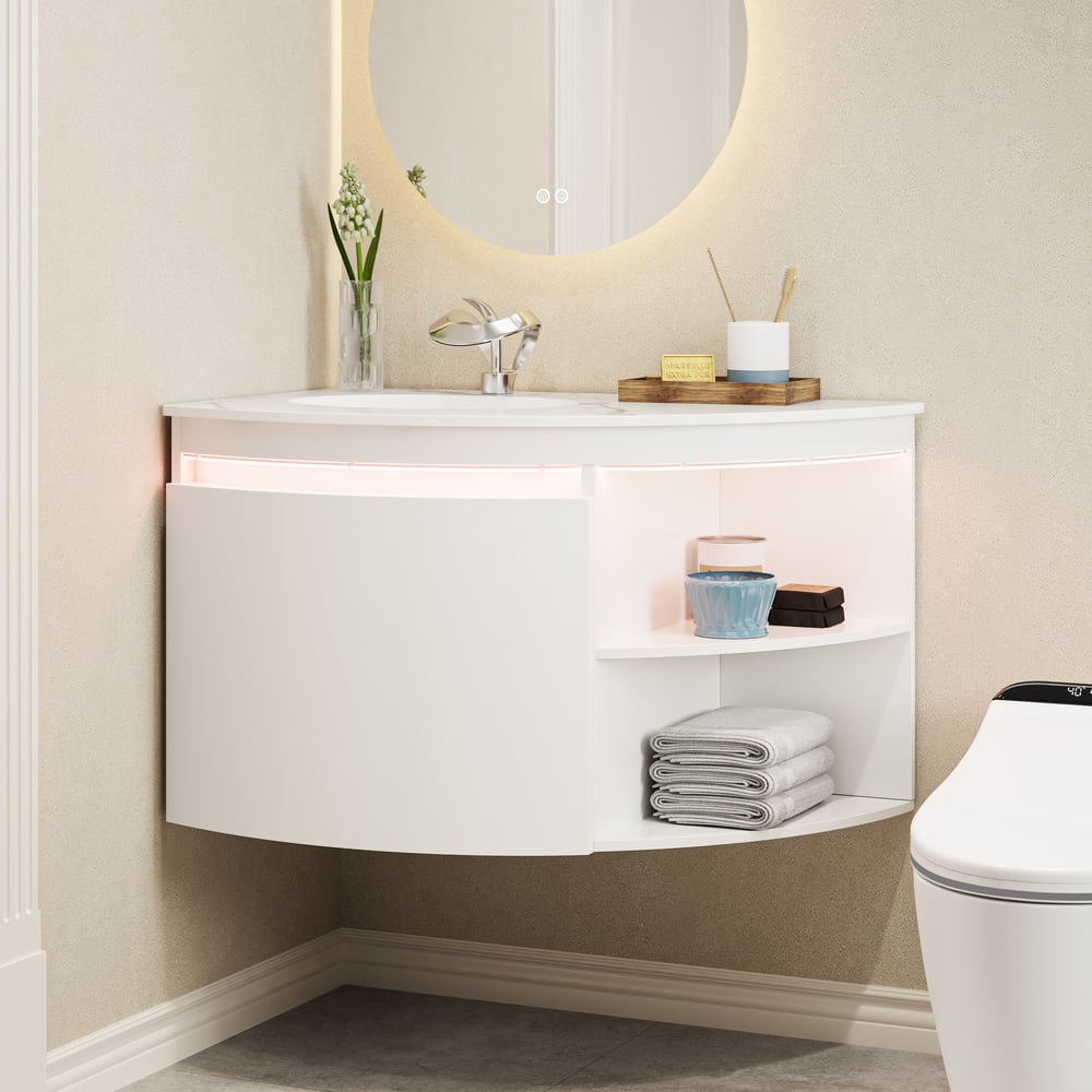 Avis Clients sur Meuble de salle de bain d'angle de 36 pouces avec rangement et éclairage LED à capteur