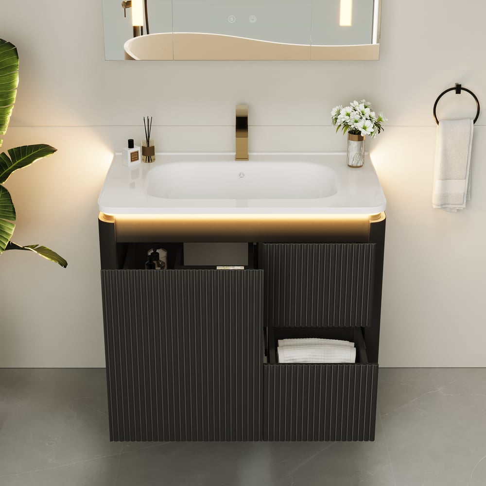 Fragen und Antworten zu Moderner 80 cm schwebender Badezimmerschrank mit Waschbecken, sanftem LED-Licht, viel Stauraum