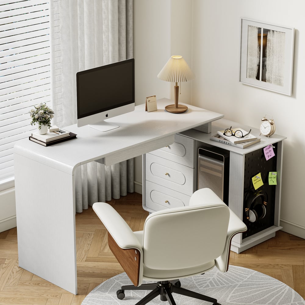 Customer Reviews for Modern 73" L-Shaped White Rotating Desk with Keyboard Tray & Storage