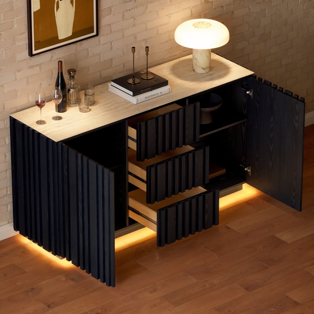 Questions and Answers for Aura 60" Black Faux Travertine Sideboard with Ash Wood Slatted Doors & LED Light