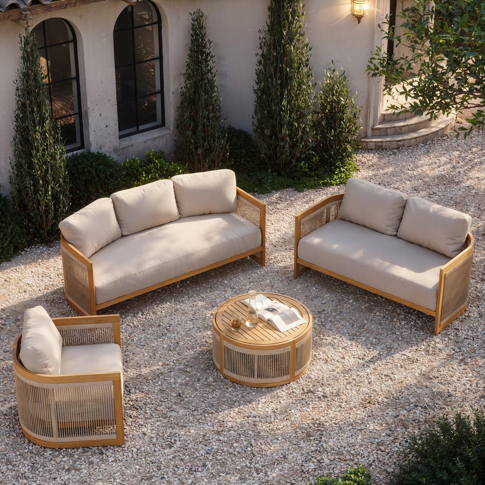 Domande e risposte per Set divano da esterno 4 pezzi in teak e corda intrecciata con tavolino da caffè per 6 persone