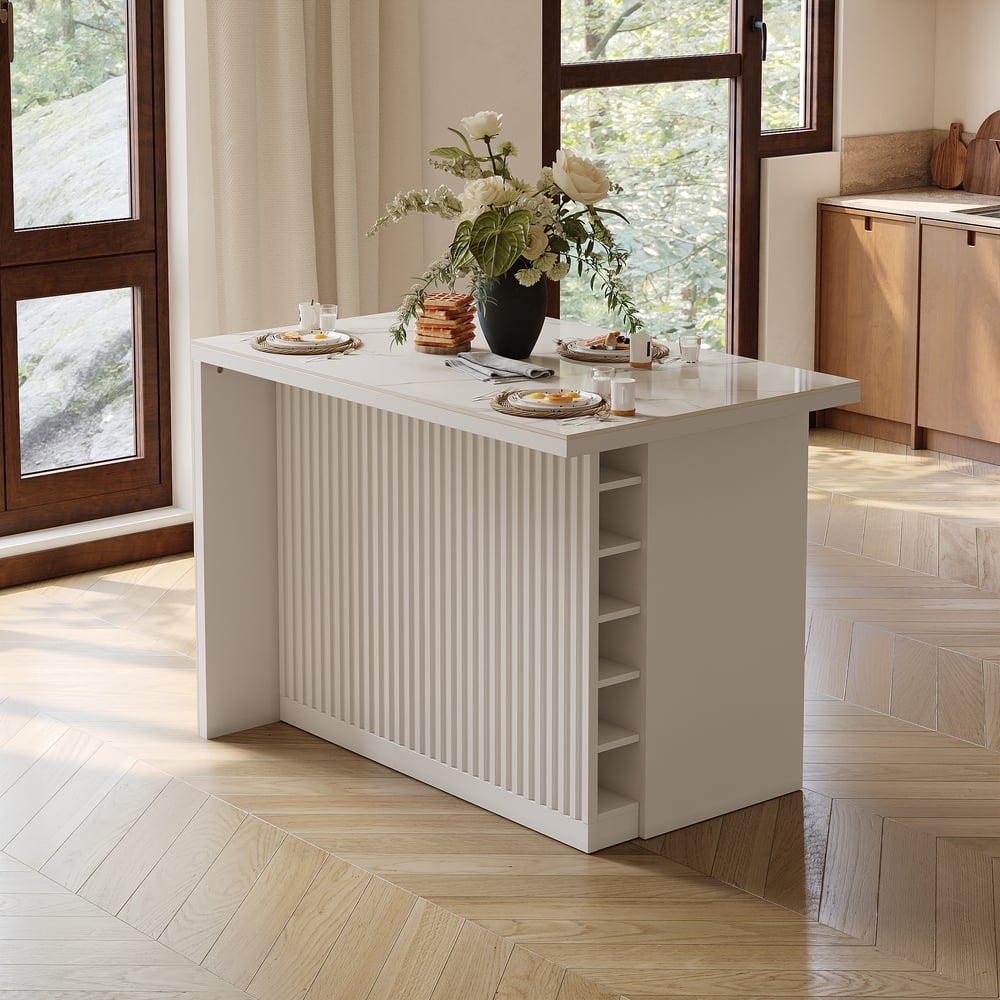 Questions et Réponses pour Îlot de cuisine moderne de 1270 mm en pierre frittée brillante avec rangement, blanc