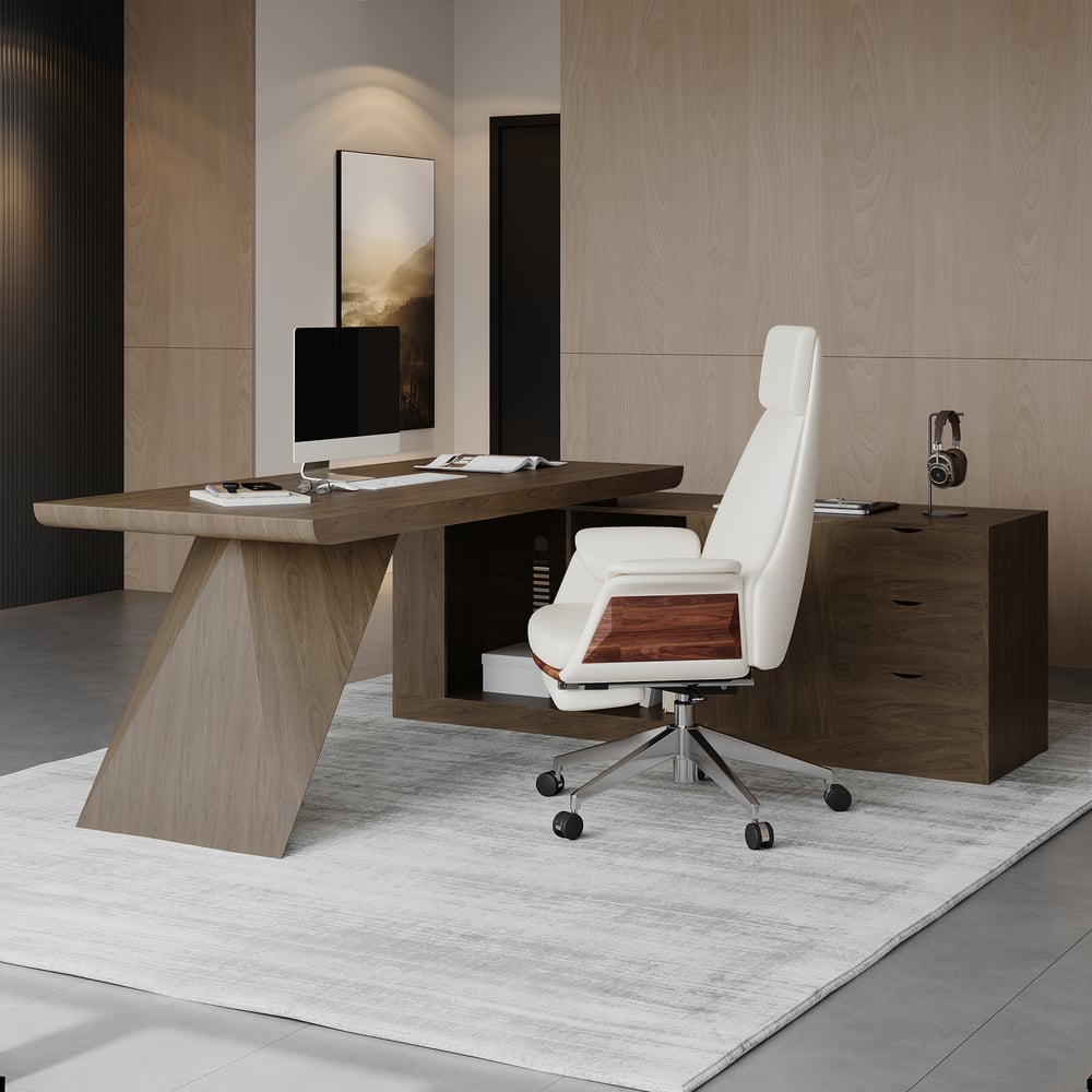 Questions and Answers for Modern 71" L-Shaped Smoked Brown Executive Desk with Right-Side Cabinet