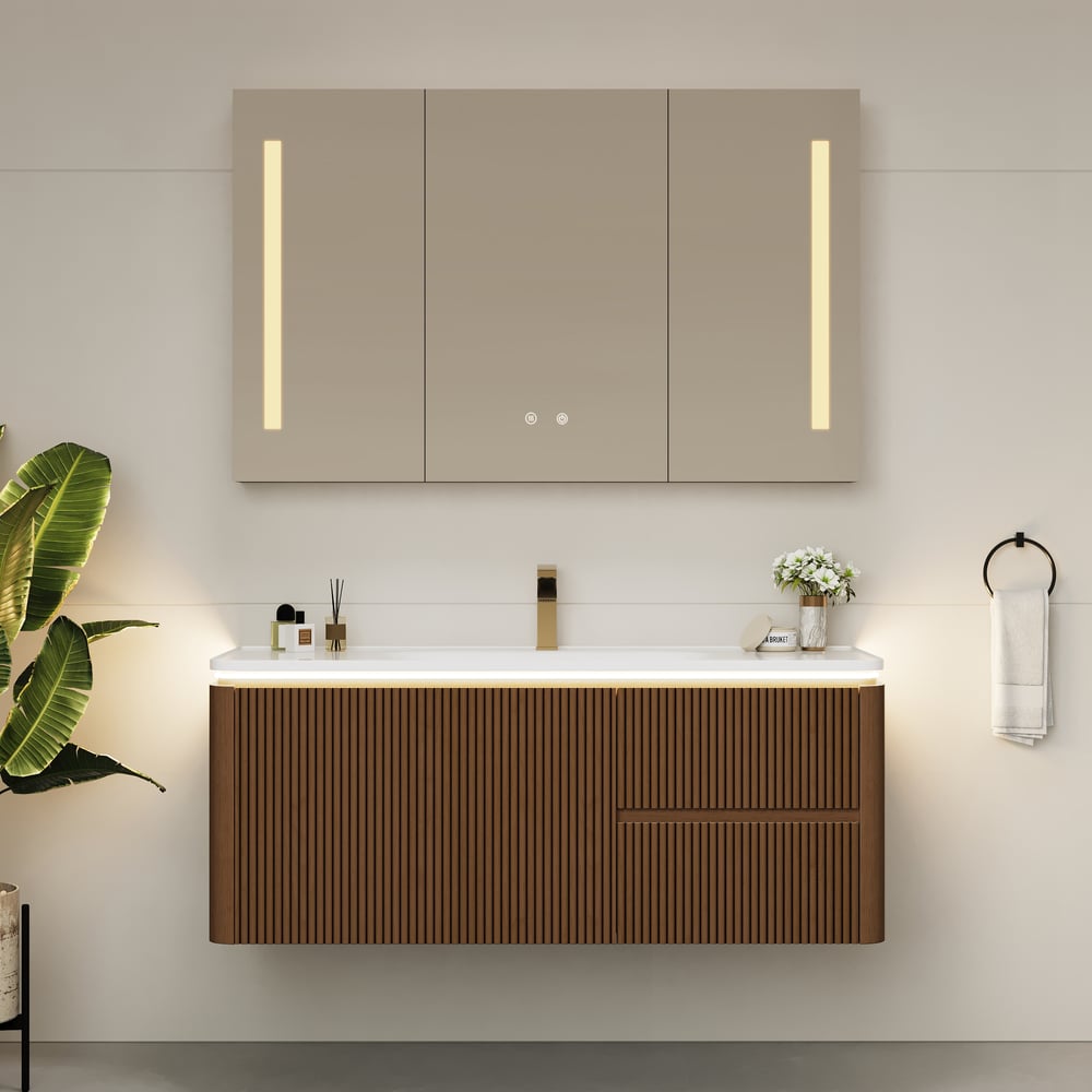 Questions et Réponses pour Meuble-lavabo mural cannelé moderne de 119 cm avec lavabo, éclairage LED doux et grand espace de rangement