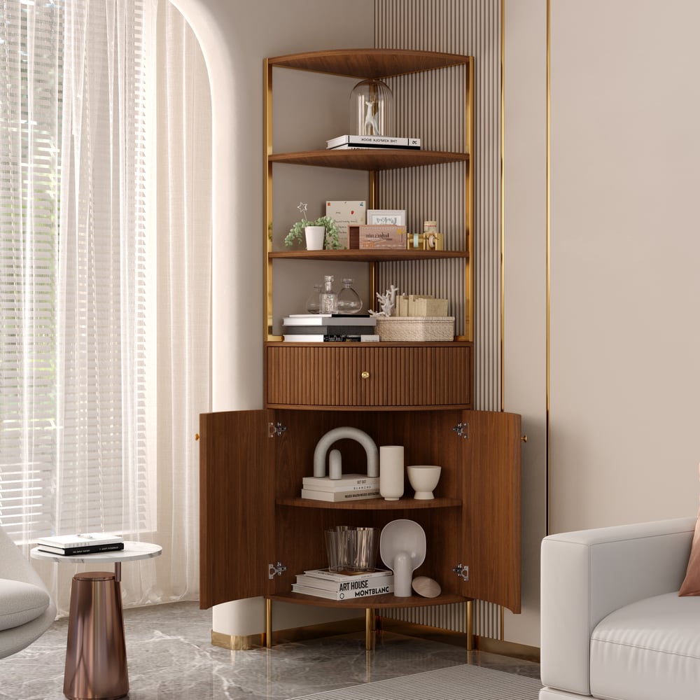 Questions and Answers for Modern 75" Walnut Etagere Corner Bookshelf with Drawer and 2-Door Cabinet