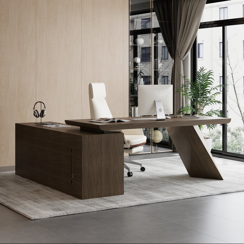 Questions and Answers for Modern 71" L-Shaped Smoked Brown Executive Desk with Right-Side Cabinet